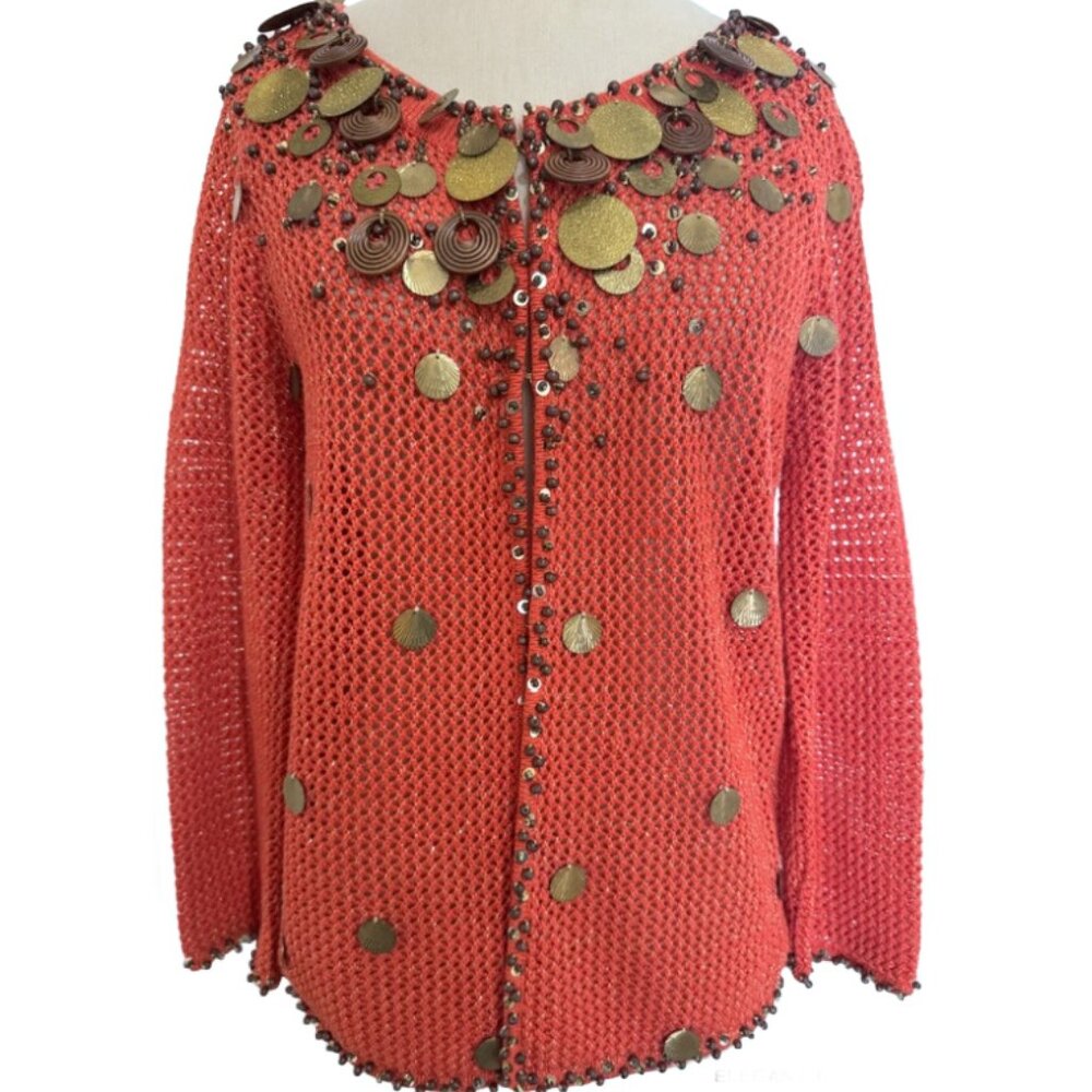 Vintage Berek Orange Sweater Womens M Cardigan Dangle Decorative Embellish Gypsy